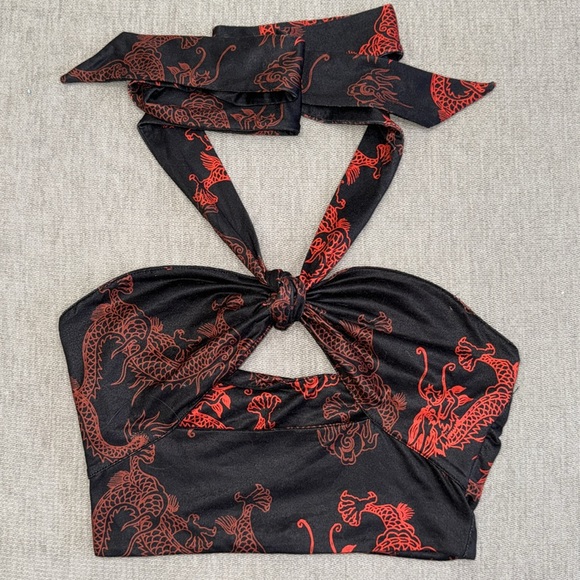SHEIN | Tops | Black Red Dragon Crop Top W Cutout Halter Tie | Poshmark